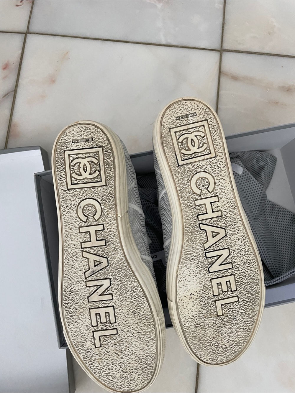 CHANEL Silver Crystal-Embellished Ribbon Lace Sneakers - Picture 4 of 5